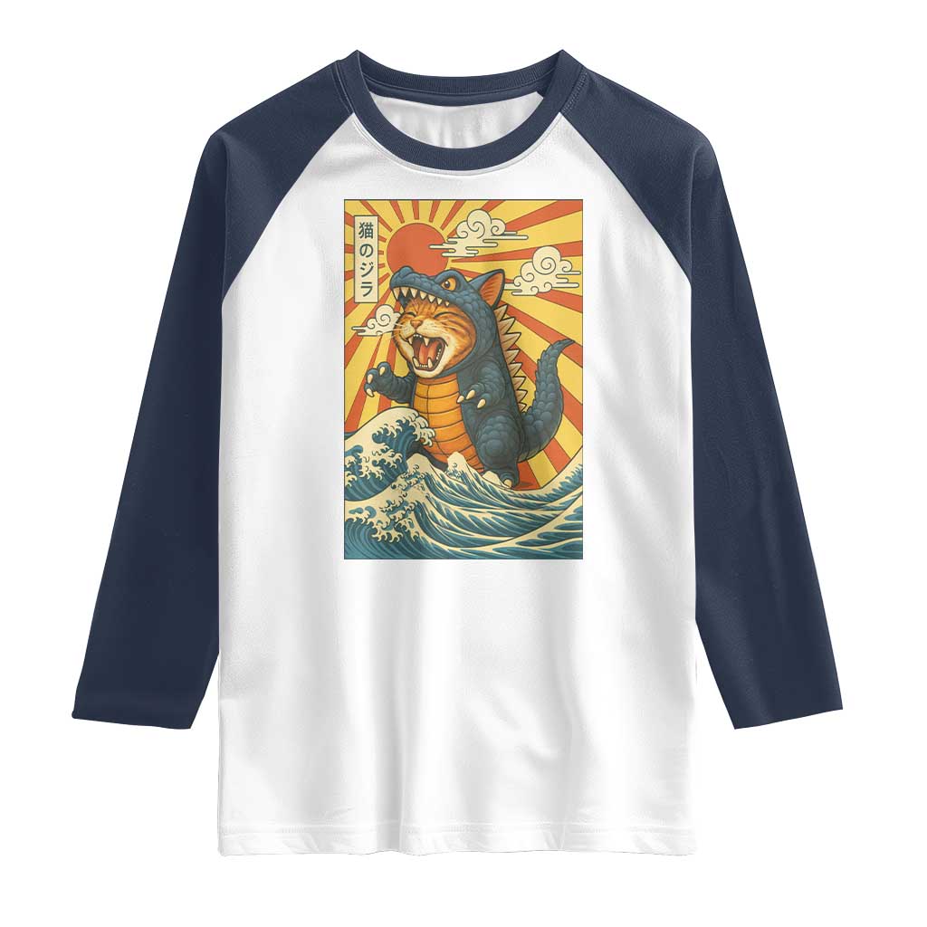 Kawaii Cat Monster Japanese Sun Wave Art Raglan Shirt TS12 White Navy Print Your Wear