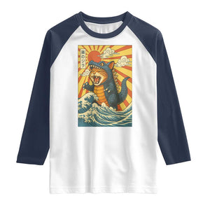 Catzilla Raglan Shirt Kawaii Cat Monster Japanese Sun Wave Art TS12 White Navy Print Your Wear