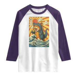 Catzilla Raglan Shirt Kawaii Cat Monster Japanese Sun Wave Art TS12 White Purple Print Your Wear