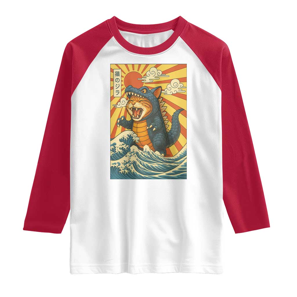 Kawaii Cat Monster Japanese Sun Wave Art Raglan Shirt TS12 White Red Print Your Wear