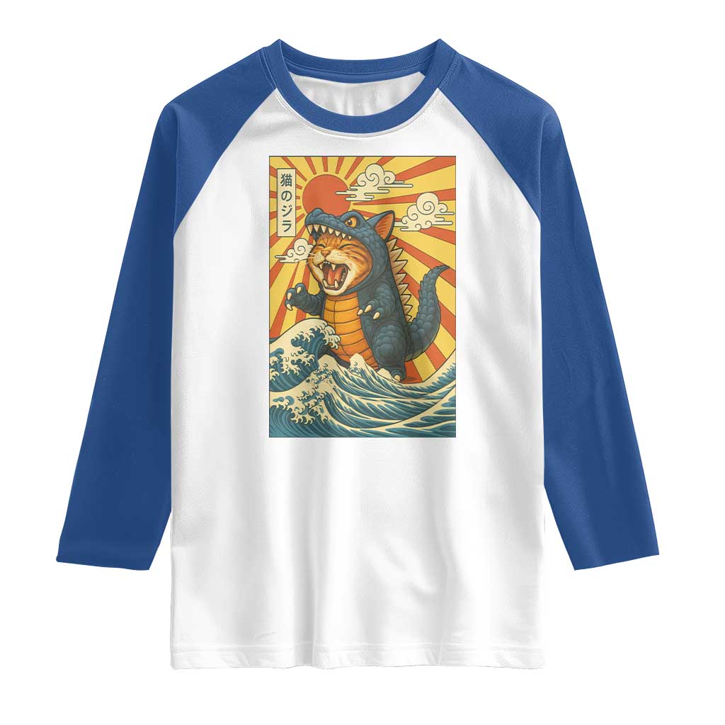 Kawaii Cat Monster Japanese Sun Wave Art Raglan Shirt TS12 White Royal Print Your Wear