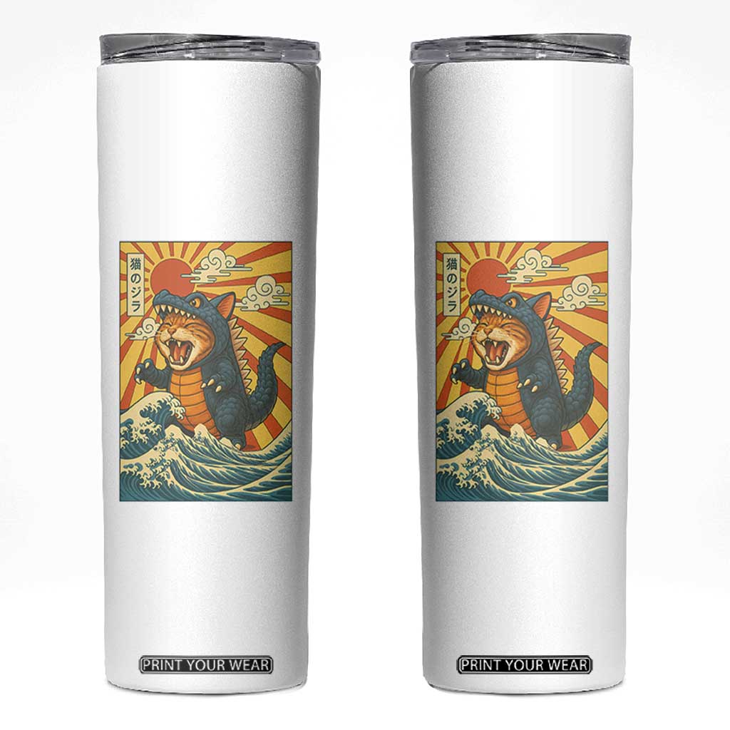 Catzilla Skinny Tumbler Kawaii Cat Monster Japanese Sun Wave Art TS12 White Print Your Wear