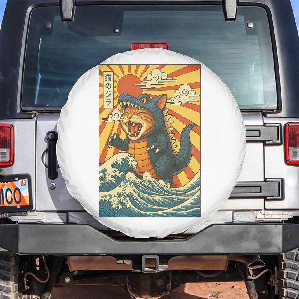 Catzilla Spare Tire Cover Kawaii Cat Monster Japanese Sun Wave Art TS12 No hole White Print Your Wear