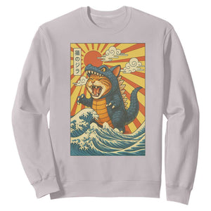 Catzilla Sweatshirt Kawaii Cat Monster Japanese Sun Wave Art TS12 Ice Gray Print Your Wear