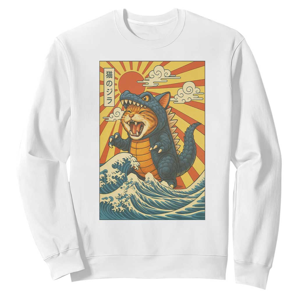 Catzilla Sweatshirt Kawaii Cat Monster Japanese Sun Wave Art TS12 White Print Your Wear