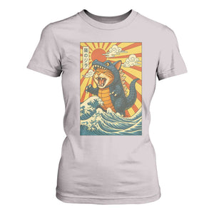 Catzilla T Shirt For Women Kawaii Cat Monster Japanese Sun Wave Art TS12 Ice Gray Print Your Wear