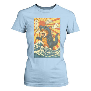 Catzilla T Shirt For Women Kawaii Cat Monster Japanese Sun Wave Art TS12 Light Blue Print Your Wear
