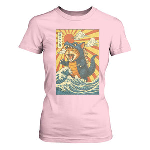 Catzilla T Shirt For Women Kawaii Cat Monster Japanese Sun Wave Art TS12 Light Pink Print Your Wear
