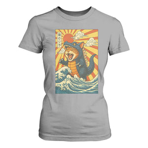 Catzilla T Shirt For Women Kawaii Cat Monster Japanese Sun Wave Art TS12 Sport Gray Print Your Wear