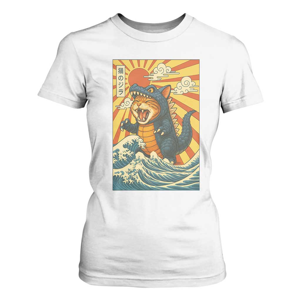 Catzilla T Shirt For Women Kawaii Cat Monster Japanese Sun Wave Art TS12 White Print Your Wear