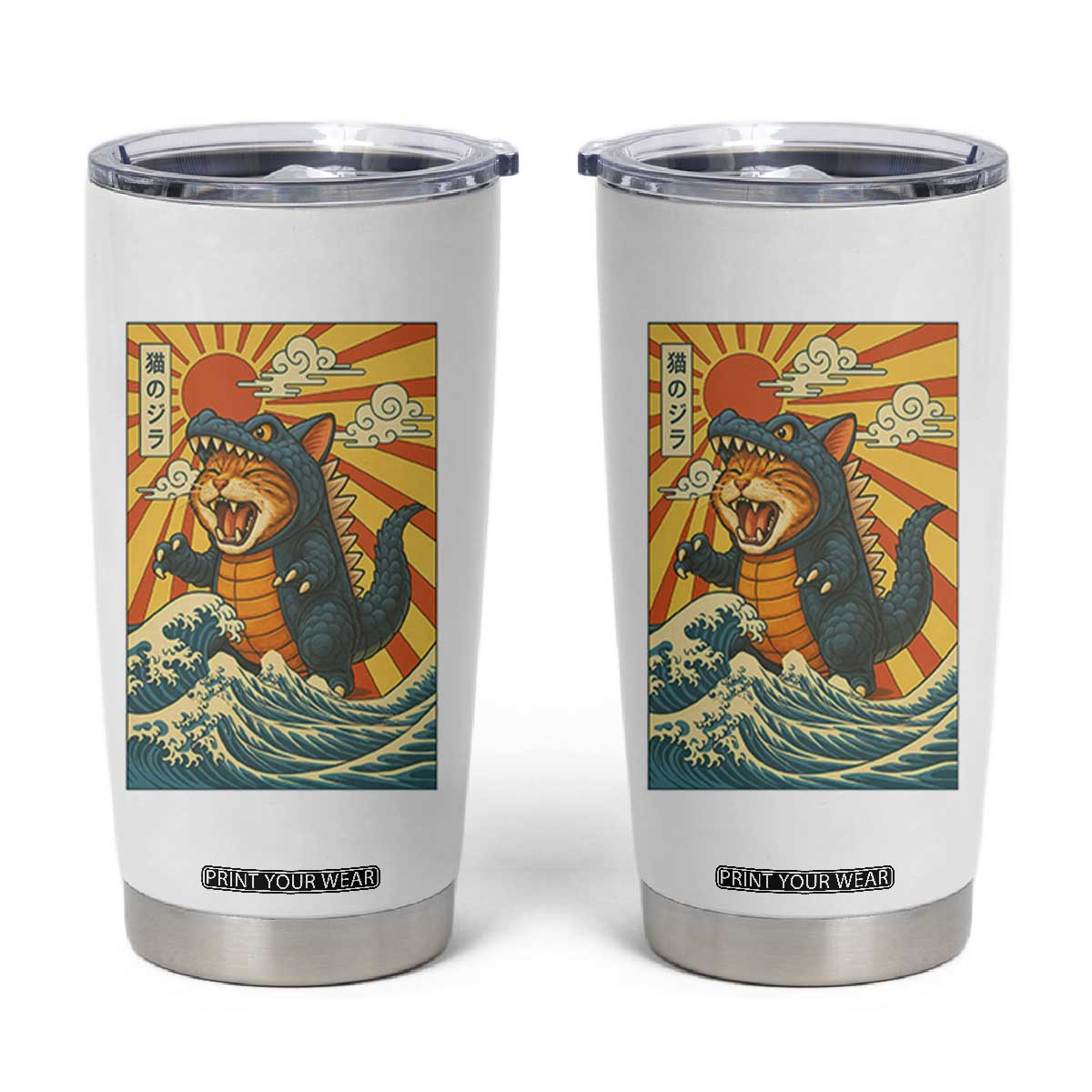 Catzilla Tumbler Cup Kawaii Cat Monster Japanese Sun Wave Art TS12 White Print Your Wear