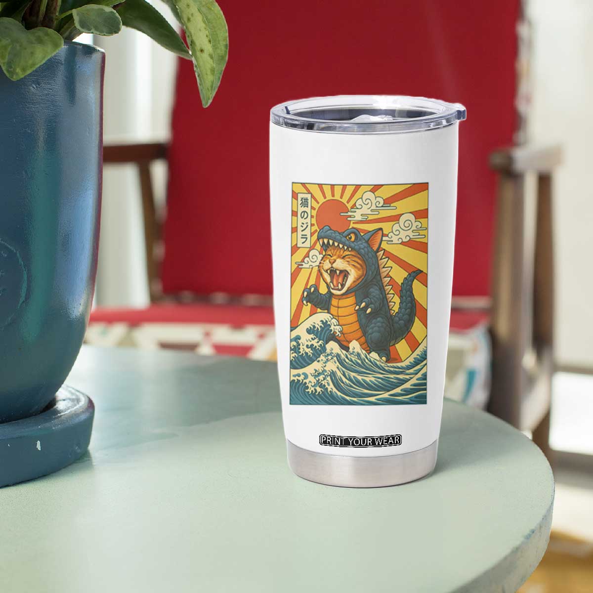 Catzilla Tumbler Cup Kawaii Cat Monster Japanese Sun Wave Art TS12 Print Your Wear