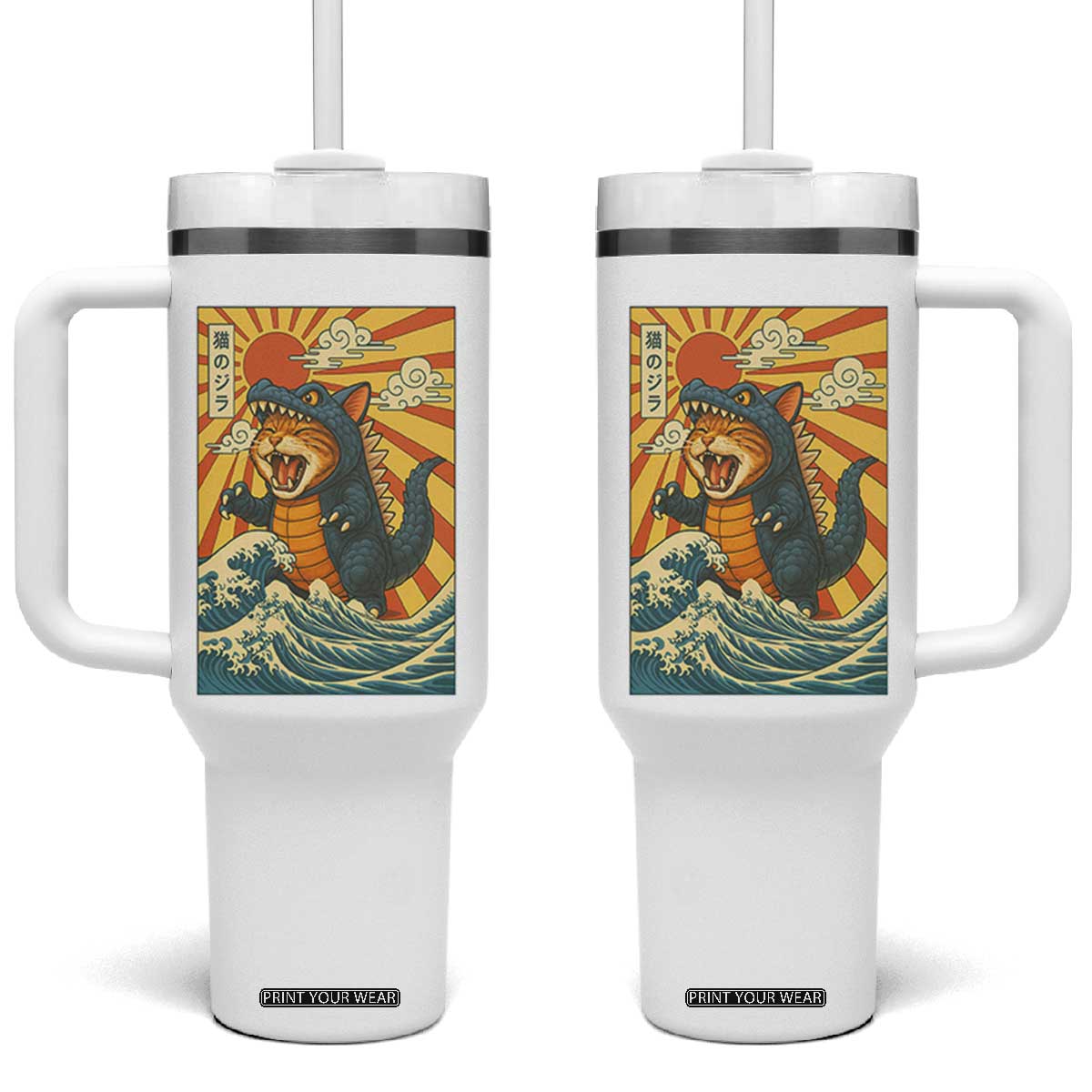 Catzilla Tumbler With Handle Kawaii Cat Monster Japanese Sun Wave Art TS12 One Size: 40 oz White Print Your Wear