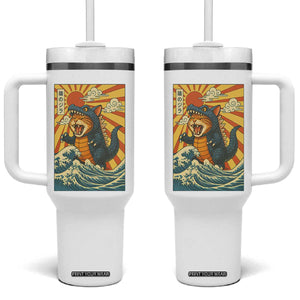 Catzilla Tumbler With Handle Kawaii Cat Monster Japanese Sun Wave Art TS12 One Size: 40 oz White Print Your Wear