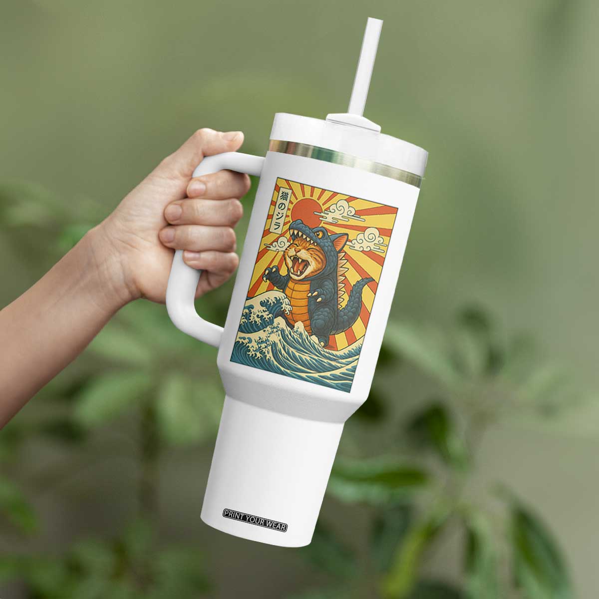 Kawaii Cat Monster Japanese Sun Wave Art Tumbler With Handle TS12 Print Your Wear
