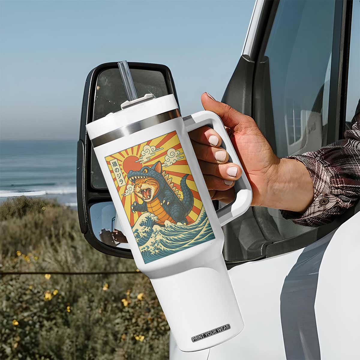 Catzilla Tumbler With Handle Kawaii Cat Monster Japanese Sun Wave Art TS12 Print Your Wear