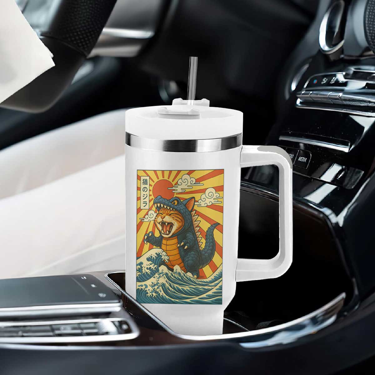 Catzilla Tumbler With Handle Kawaii Cat Monster Japanese Sun Wave Art TS12 Print Your Wear