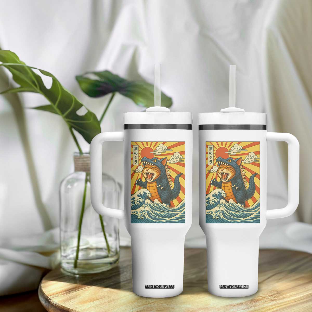 Kawaii Cat Monster Japanese Sun Wave Art Tumbler With Handle TS12 Print Your Wear