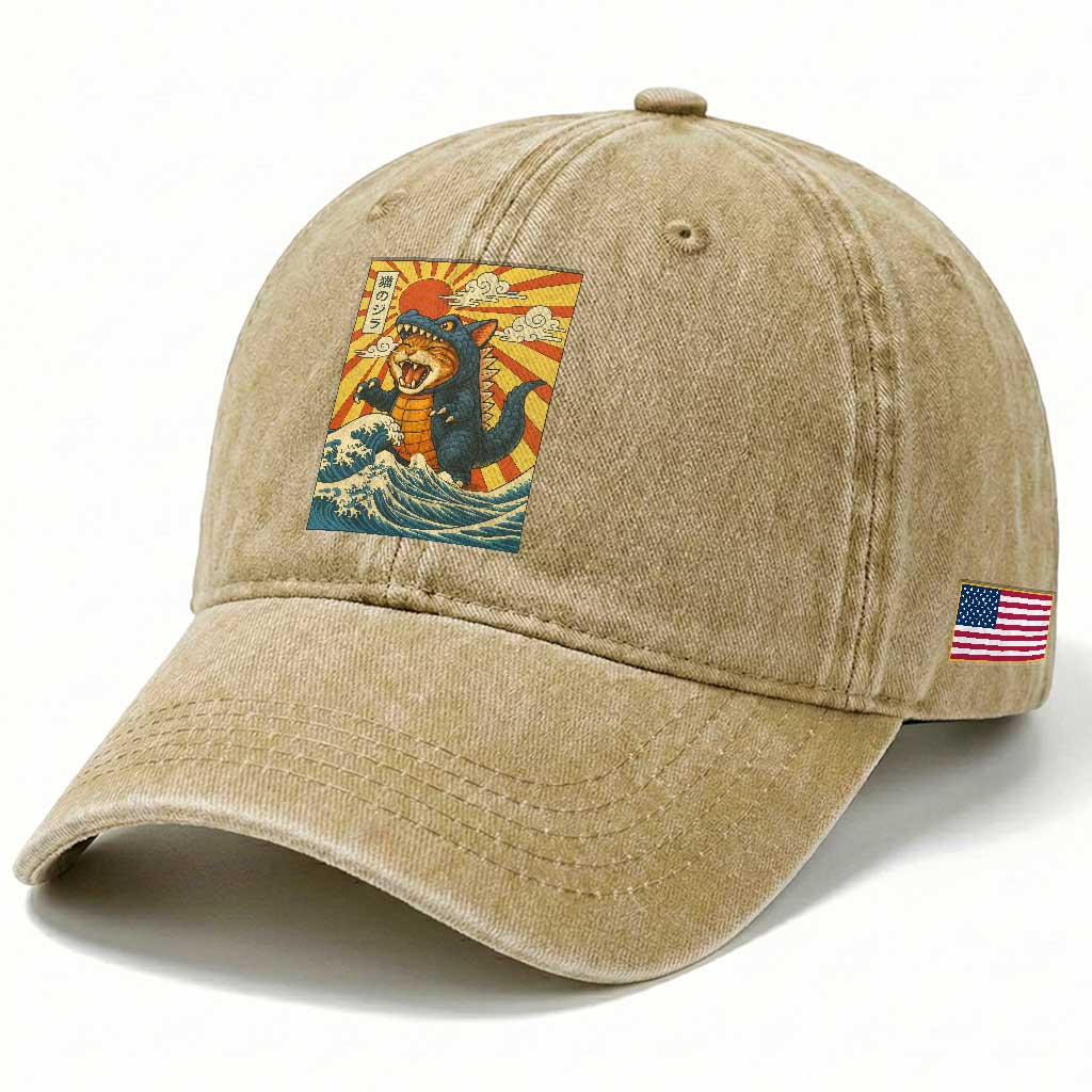 Kawaii Cat Monster Japanese Sun Wave Art Washed Cotton Baseball Cap TS12 Print Your Wear