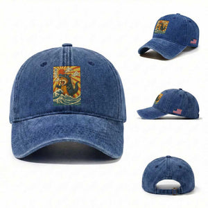 Kawaii Cat Monster Japanese Sun Wave Art Washed Cotton Baseball Cap TS12 Washed Cap Universal Fit Royal Blue Print Your Wear