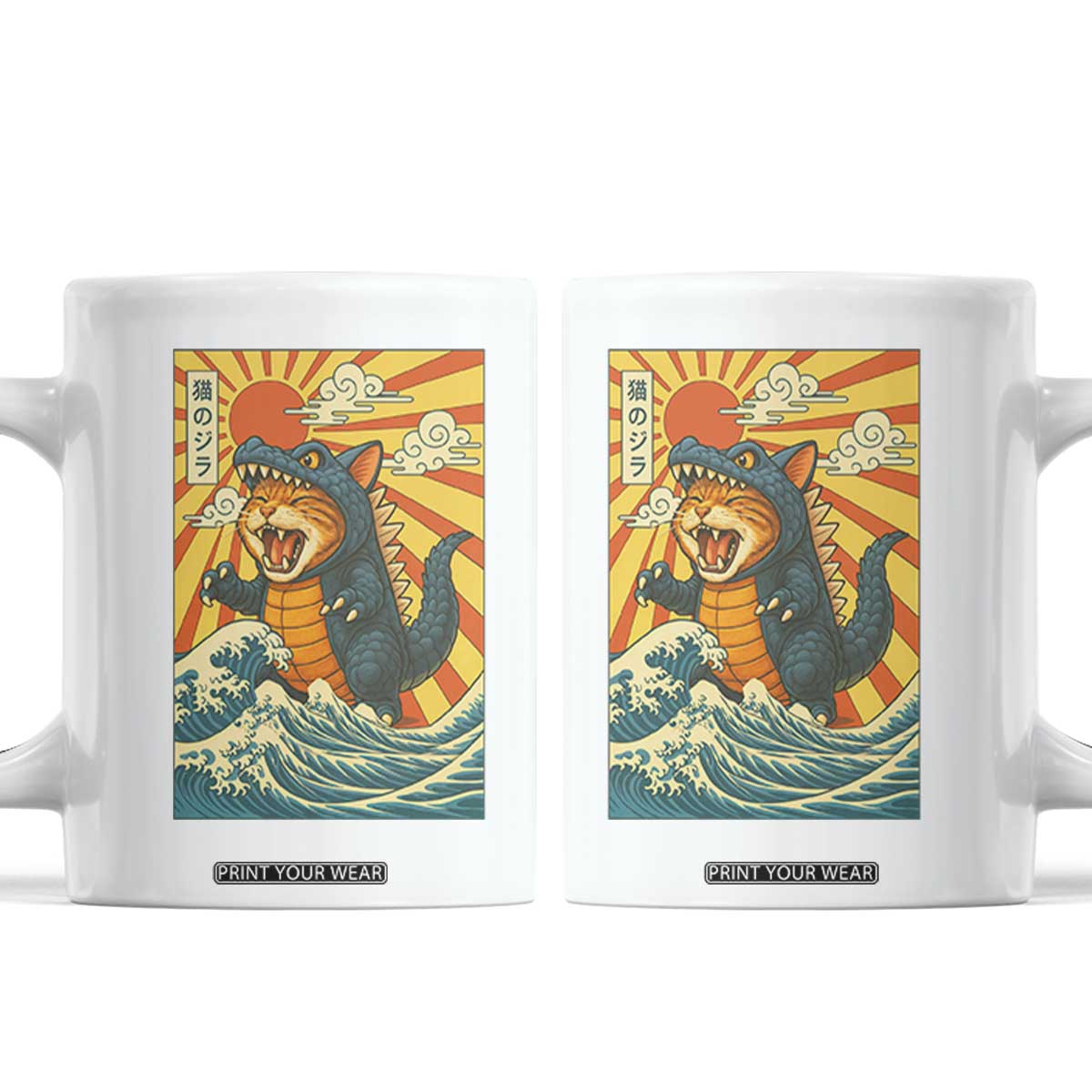 Catzilla Coffee Mug Kawaii Cat Monster Japanese Sun Wave Art TS12 White Print Your Wear