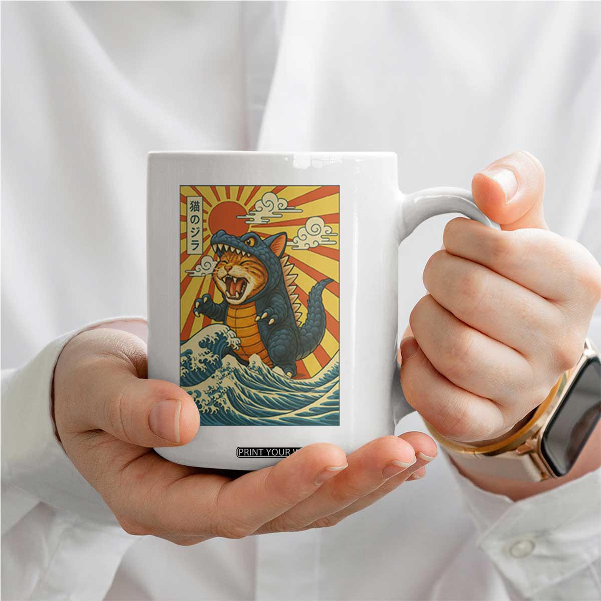 Catzilla Coffee Mug Kawaii Cat Monster Japanese Sun Wave Art TS12 Print Your Wear
