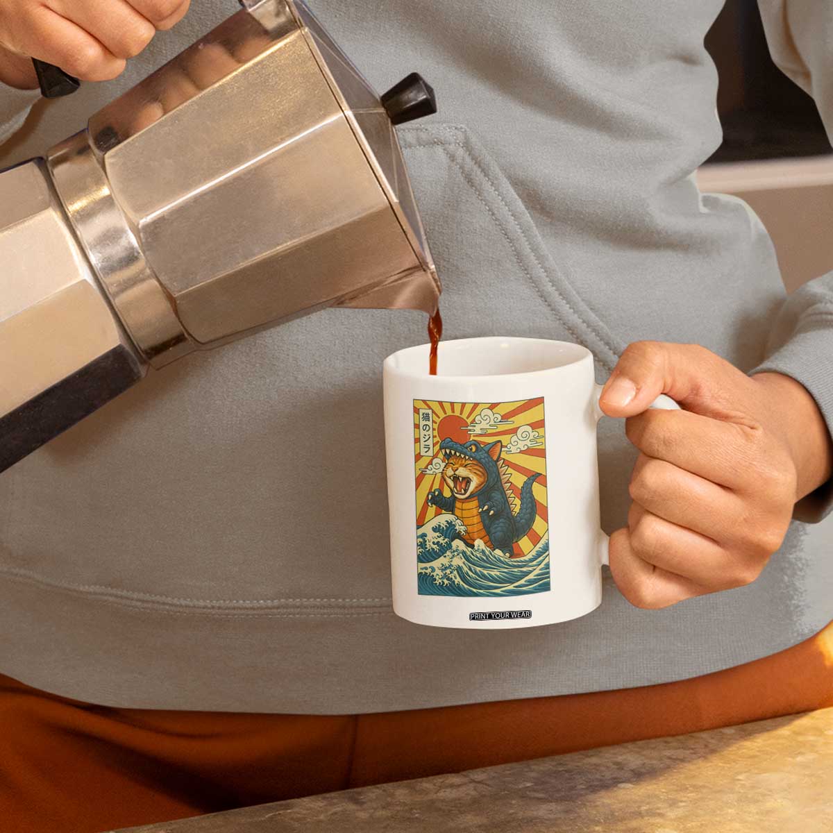 Catzilla Coffee Mug Kawaii Cat Monster Japanese Sun Wave Art TS12 Print Your Wear
