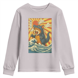 Catzilla Youth Sweatshirt Kawaii Cat Monster Japanese Sun Wave Art TS12 Ice Gray Print Your Wear