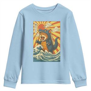 Catzilla Youth Sweatshirt Kawaii Cat Monster Japanese Sun Wave Art TS12 Light Blue Print Your Wear