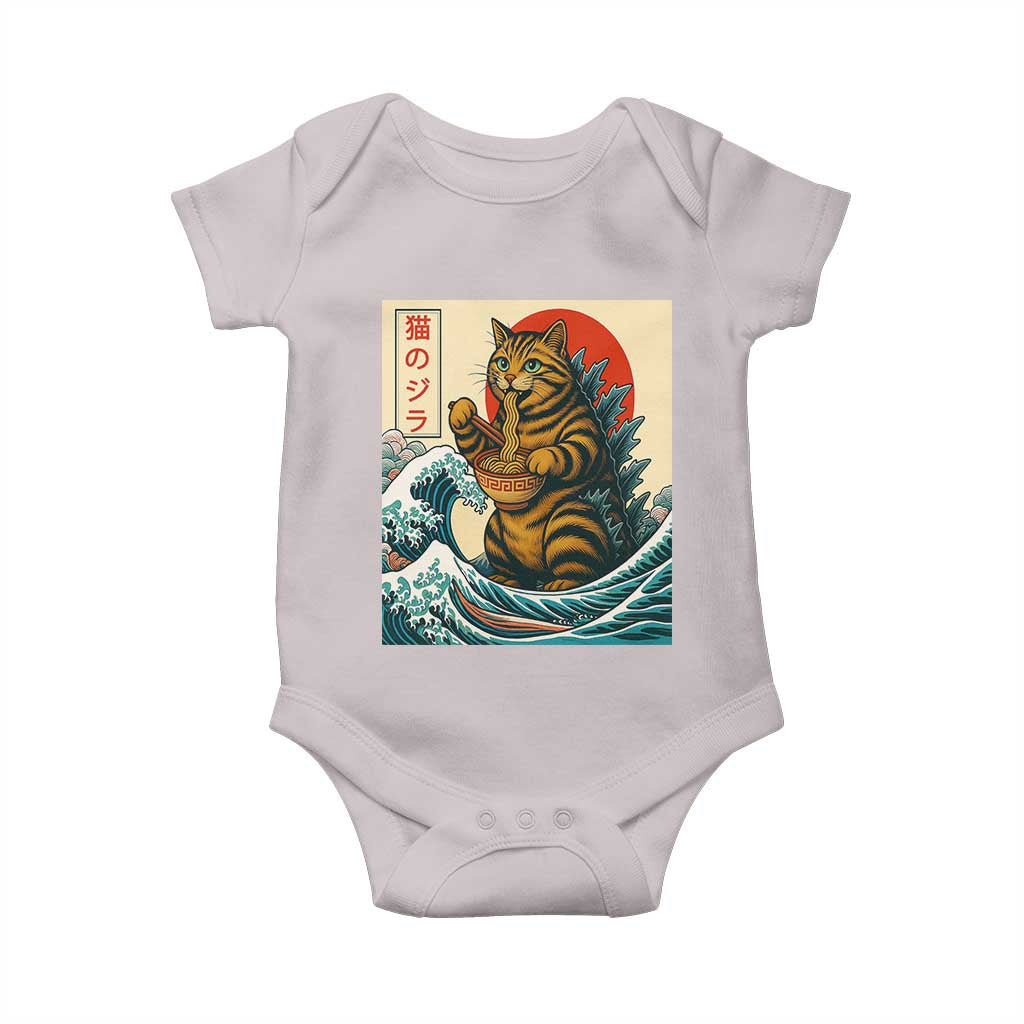 Cute Giant Cat Monster Eating Ramen Baby Onesie Japanese Sun Wave Art TS12 Ice Gray Print Your Wear