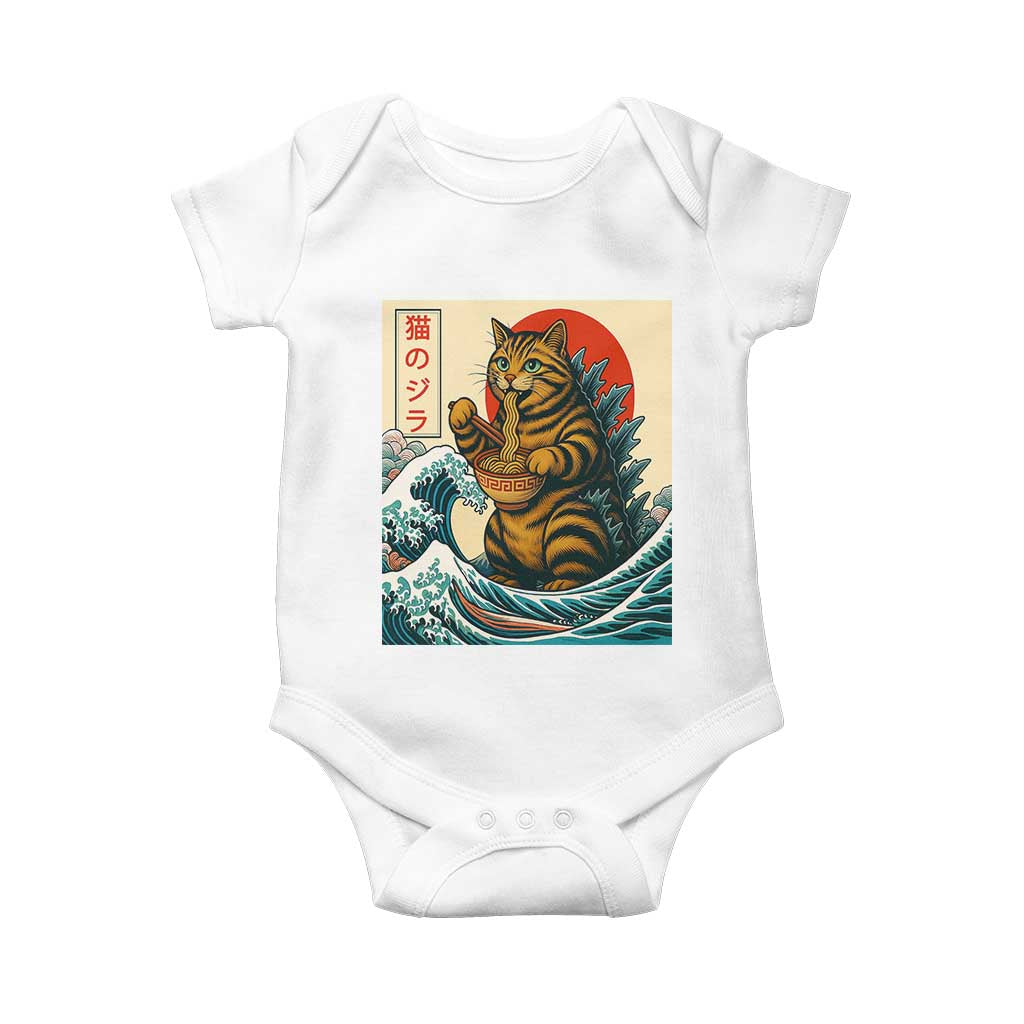 Catzilla Baby Onesie Cute Cat Eating Ramen Japanese Sun Wave Art TS12 White Print Your Wear