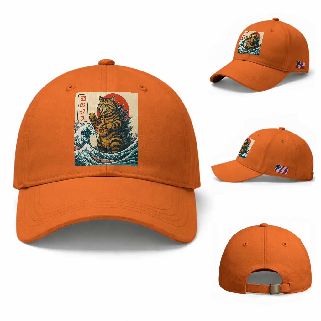 Cute Giant Cat Monster Eating Ramen Baseball Cap Japanese Sun Wave Art TS12 Baseball Cap Universal Fit Orange Print Your Wear