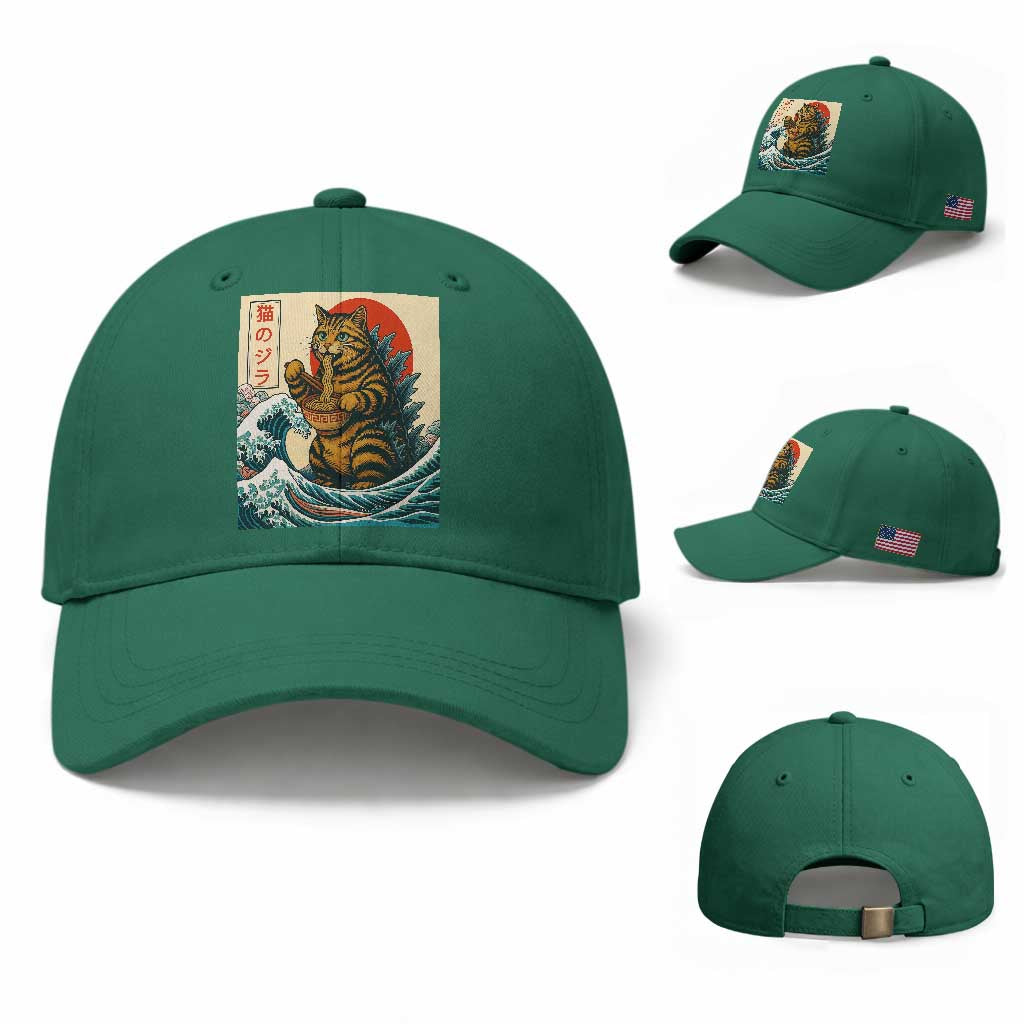 Cute Giant Cat Monster Eating Ramen Baseball Cap Japanese Sun Wave Art TS12 Baseball Cap Universal Fit Irish Green Print Your Wear