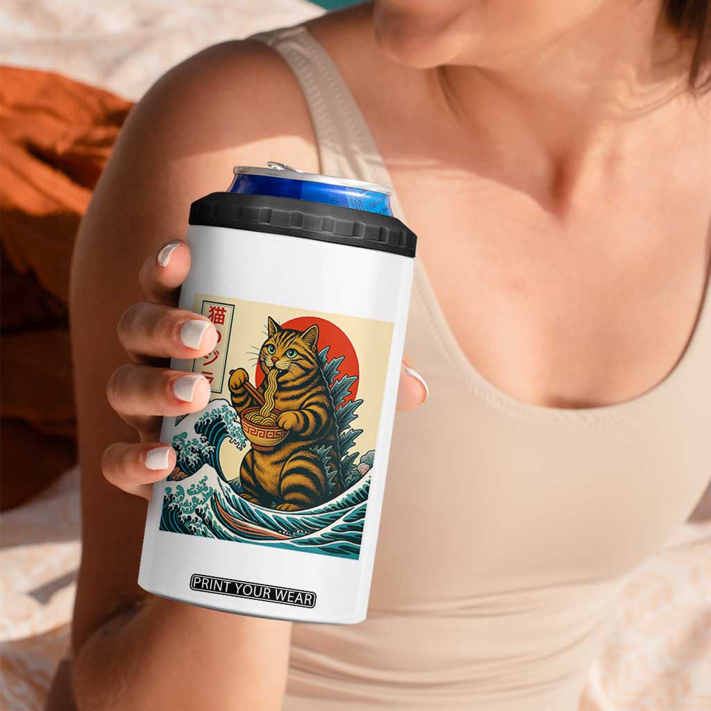 Catzilla 4 in 1 Can Cooler Tumbler Cute Cat Eating Ramen Japanese Sun Wave Art TS12 Print Your Wear