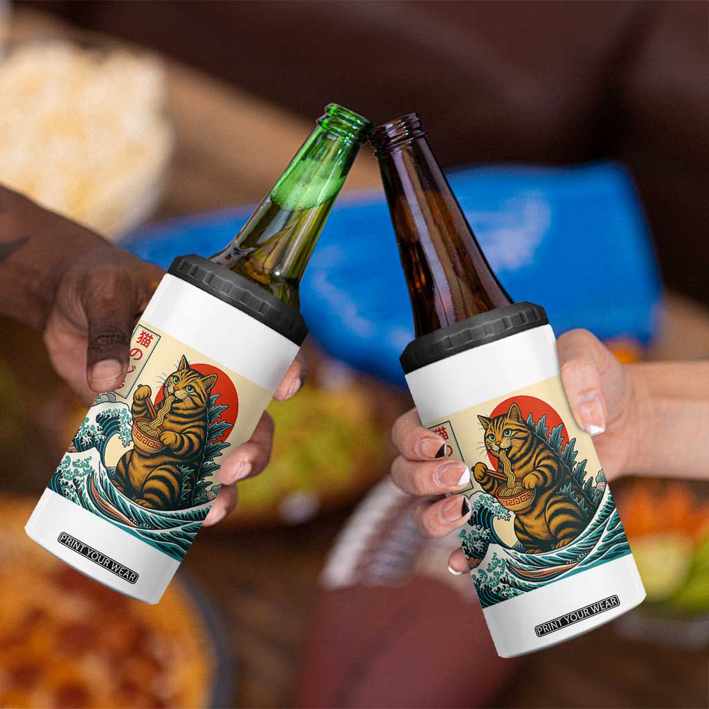 Catzilla 4 in 1 Can Cooler Tumbler Cute Cat Eating Ramen Japanese Sun Wave Art TS12 Print Your Wear