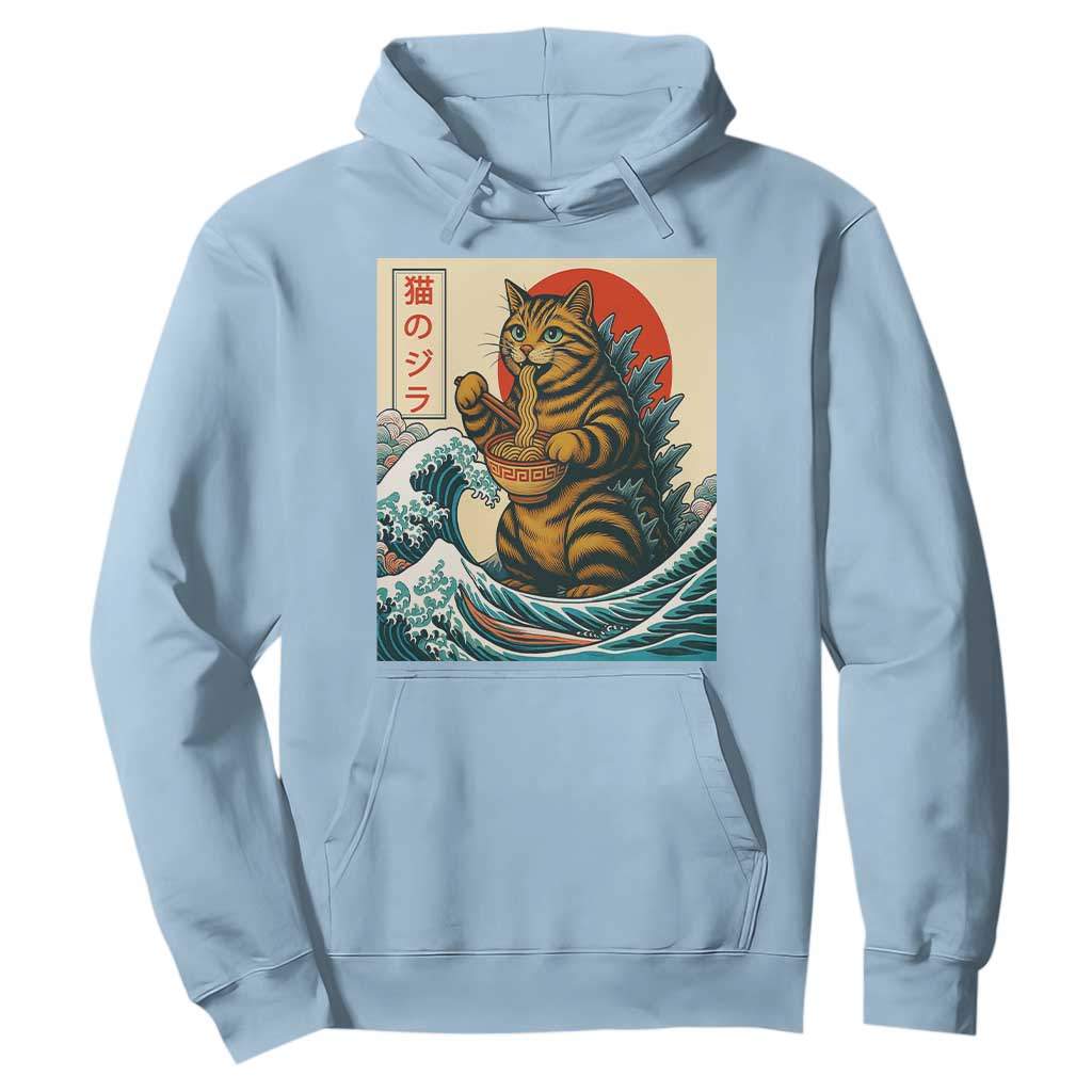 Cute Giant Cat Monster Eating Ramen Hoodie Japanese Sun Wave Art TS12 Light Blue Print Your Wear