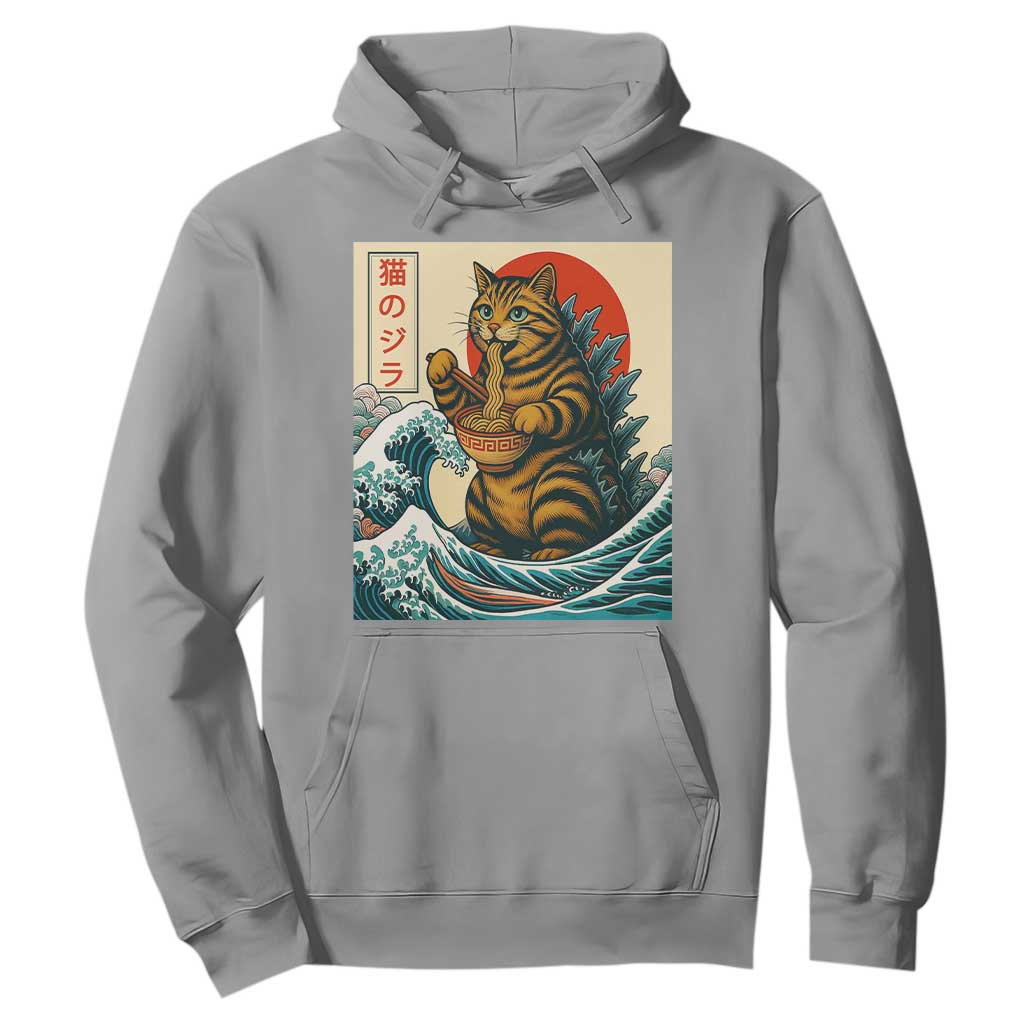 Cute Giant Cat Monster Eating Ramen Hoodie Japanese Sun Wave Art TS12 Sport Gray Print Your Wear