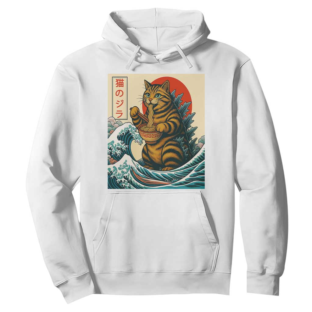 Catzilla Hoodie Cute Cat Eating Ramen Japanese Sun Wave Art TS12 White Print Your Wear