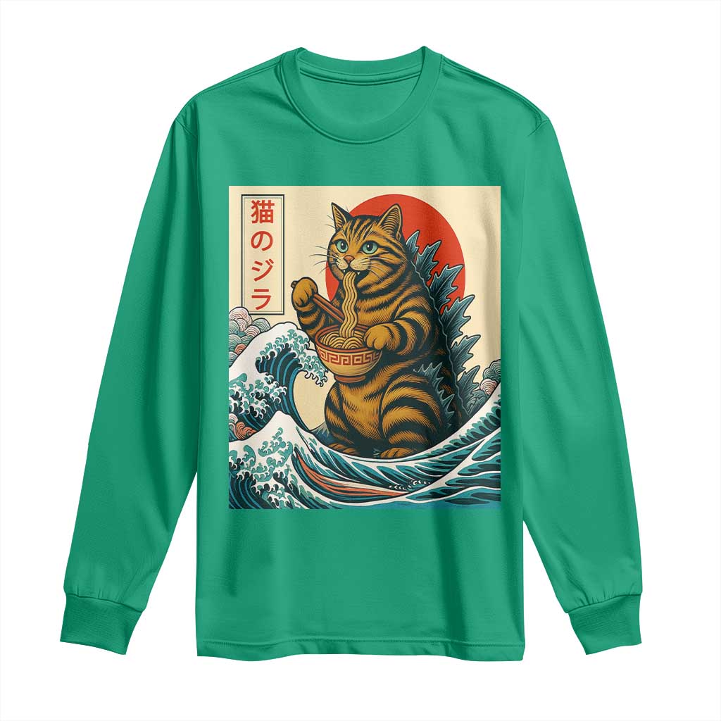Cute Giant Cat Monster Eating Ramen Long Sleeve Shirt Japanese Sun Wave Art TS12 Irish Green Print Your Wear