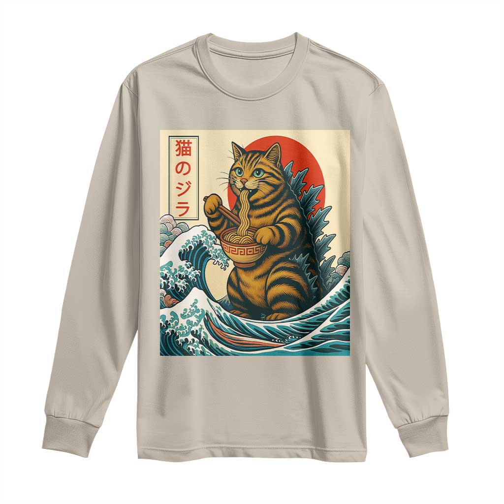 Cute Giant Cat Monster Eating Ramen Long Sleeve Shirt Japanese Sun Wave Art TS12 Sand Print Your Wear