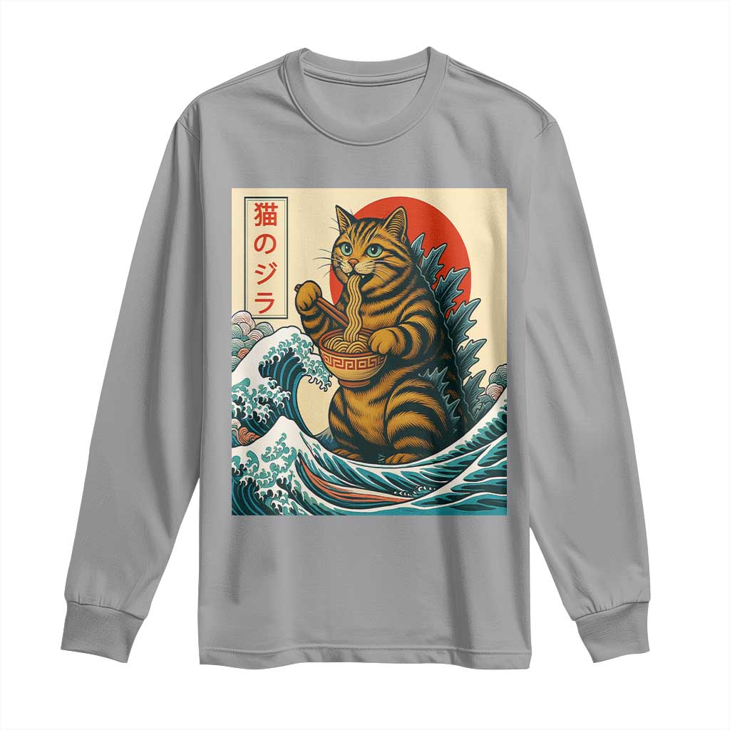 Cute Giant Cat Monster Eating Ramen Long Sleeve Shirt Japanese Sun Wave Art TS12 Sport Gray Print Your Wear