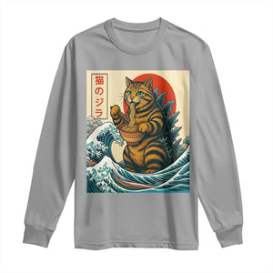 Cute Giant Cat Monster Eating Ramen Long Sleeve Shirt Japanese Sun Wave Art TS12 Sport Gray Print Your Wear