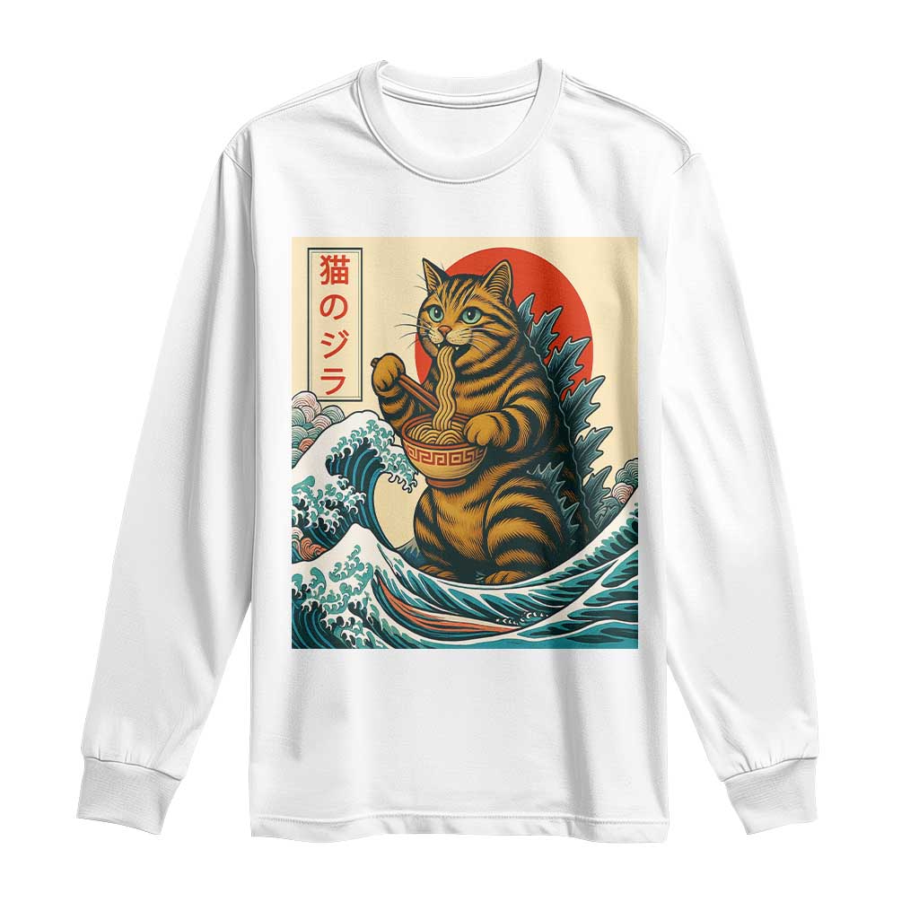 Catzilla Long Sleeve Shirt Cute Cat Eating Ramen Japanese Sun Wave Art TS12 White Print Your Wear