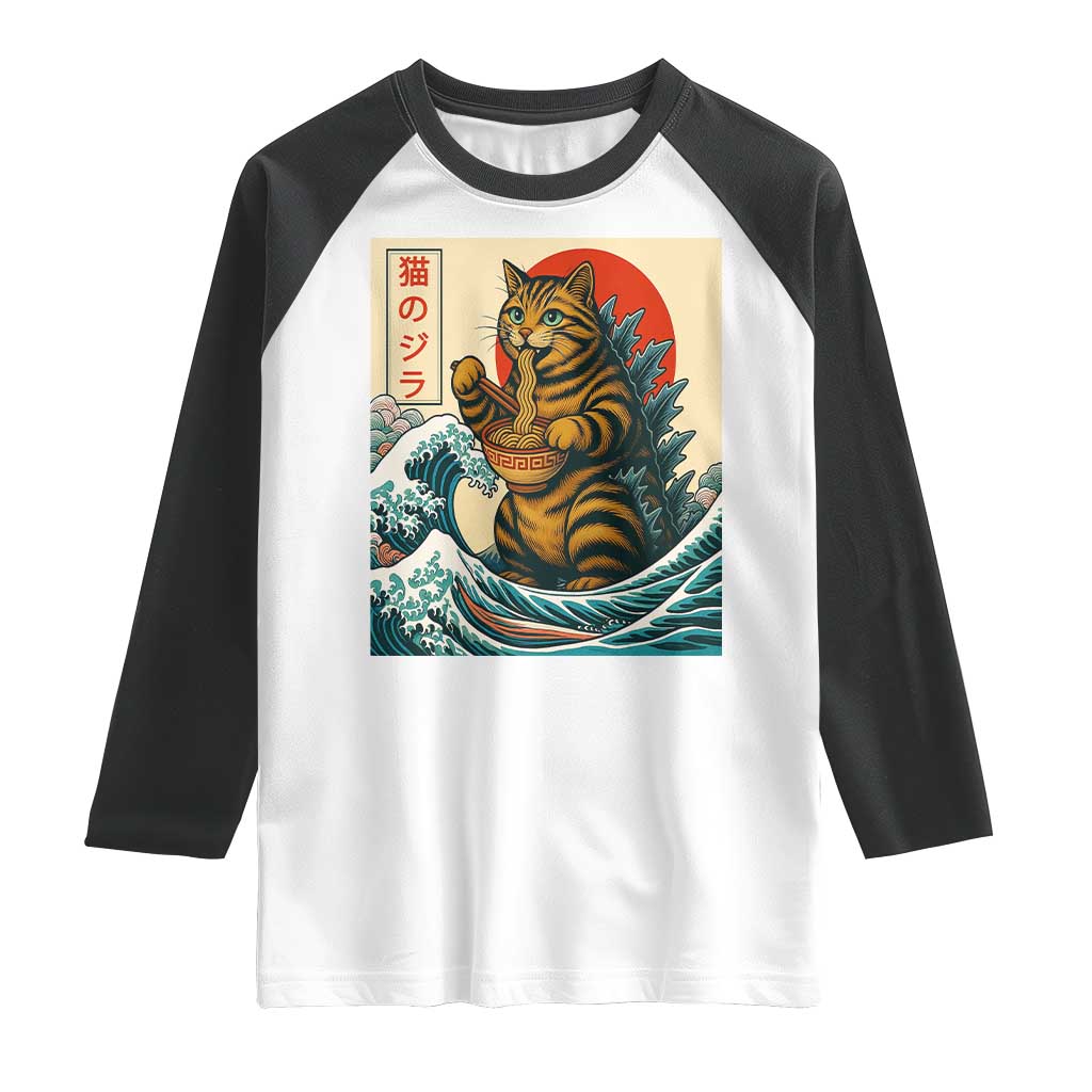 Catzilla Raglan Shirt Cute Cat Eating Ramen Japanese Sun Wave Art TS12 White Black Print Your Wear