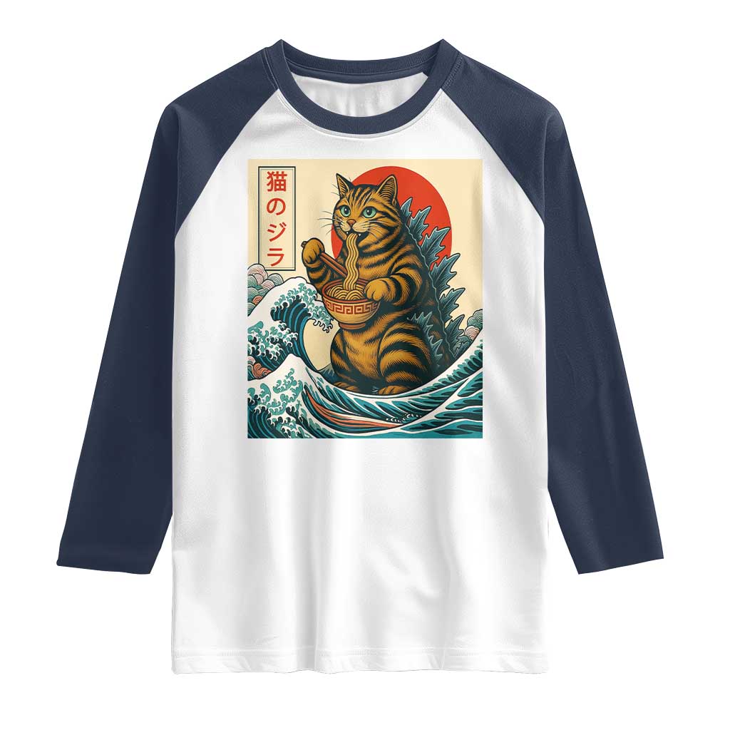 Cute Giant Cat Monster Eating Ramen Raglan Shirt Japanese Sun Wave Art TS12 White Navy Print Your Wear