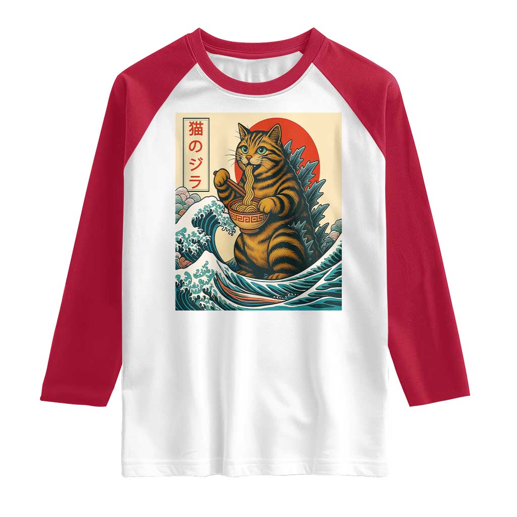 Cute Giant Cat Monster Eating Ramen Raglan Shirt Japanese Sun Wave Art TS12 White Red Print Your Wear