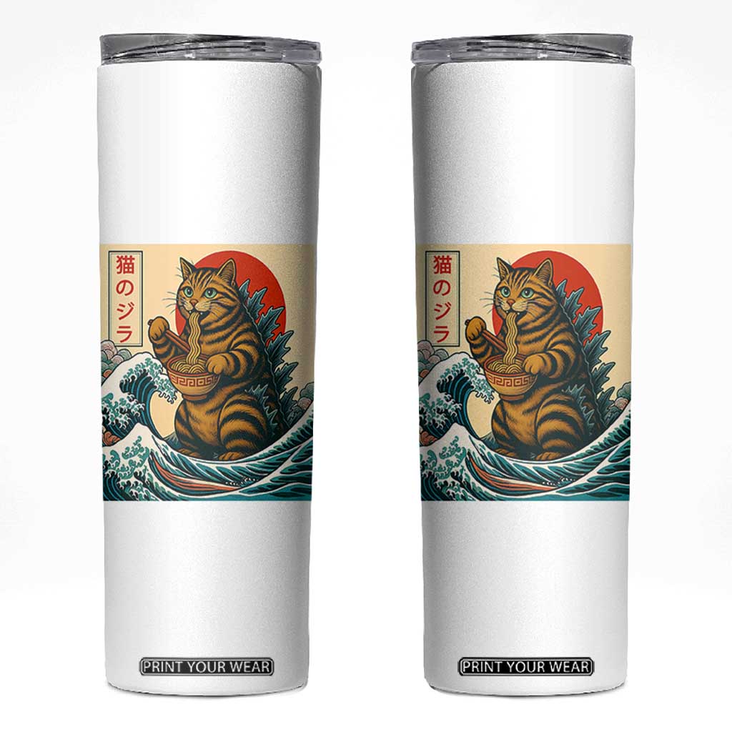 Catzilla Skinny Tumbler Cute Cat Eating Ramen Japanese Sun Wave Art TS12 White Print Your Wear