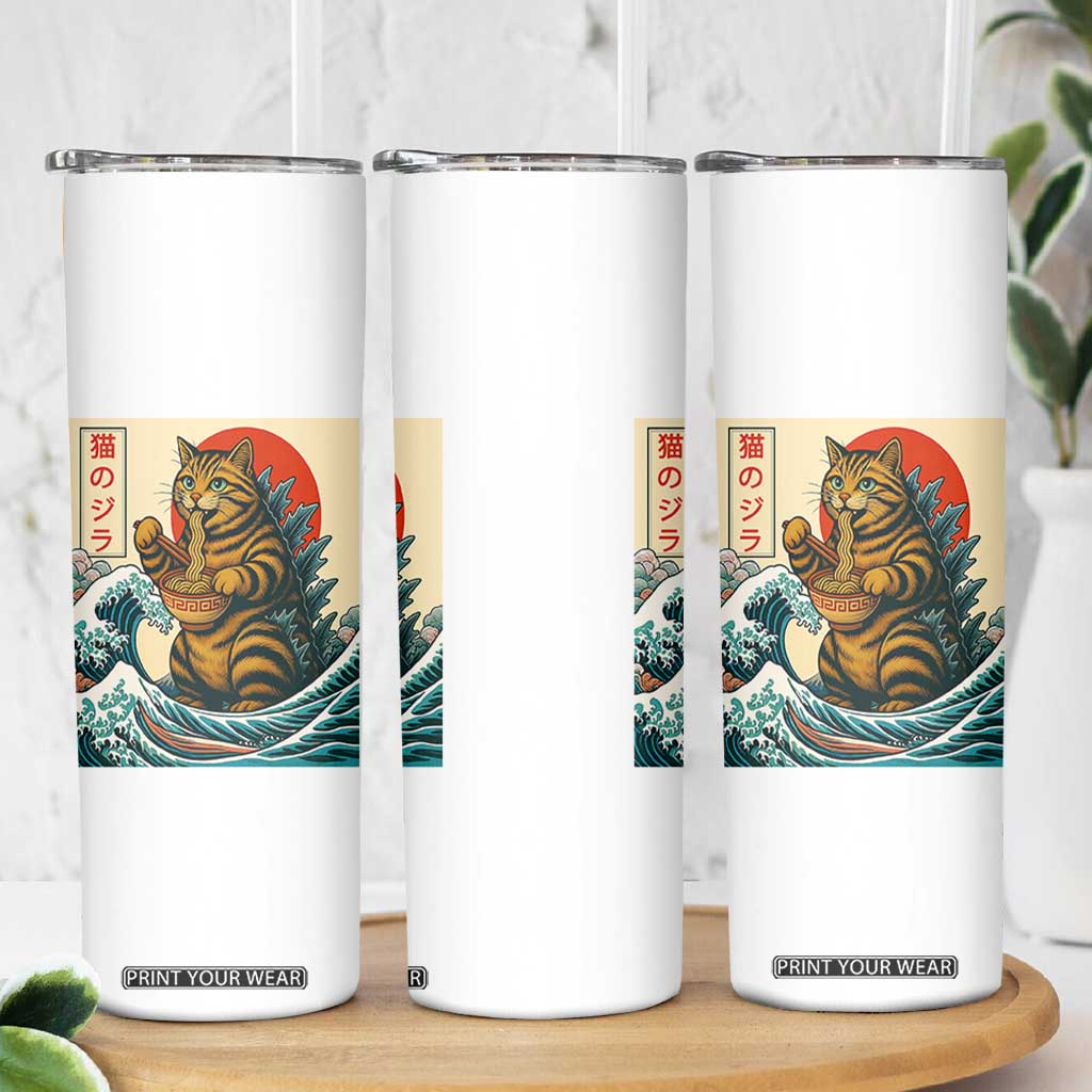 Catzilla Skinny Tumbler Cute Cat Eating Ramen Japanese Sun Wave Art TS12 Print Your Wear