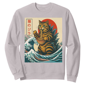 Catzilla Sweatshirt Cute Cat Eating Ramen Japanese Sun Wave Art TS12 Ice Gray Print Your Wear