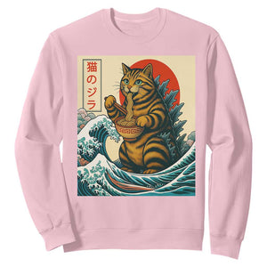 Catzilla Sweatshirt Cute Cat Eating Ramen Japanese Sun Wave Art TS12 Light Pink Print Your Wear